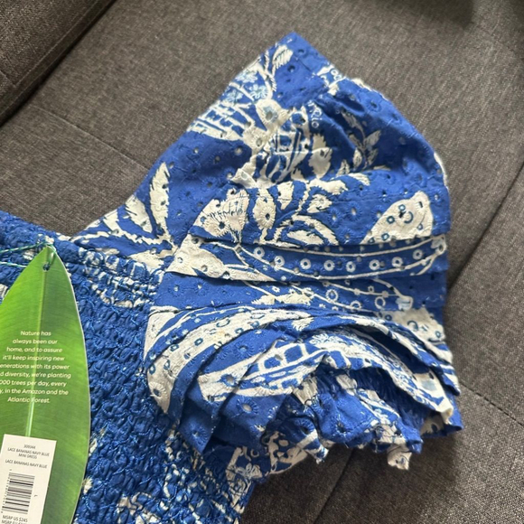 Farm Rio Blue Floral Banana Smocked Puff Sleeve Summer Dress Size L - Picture 5 of 9